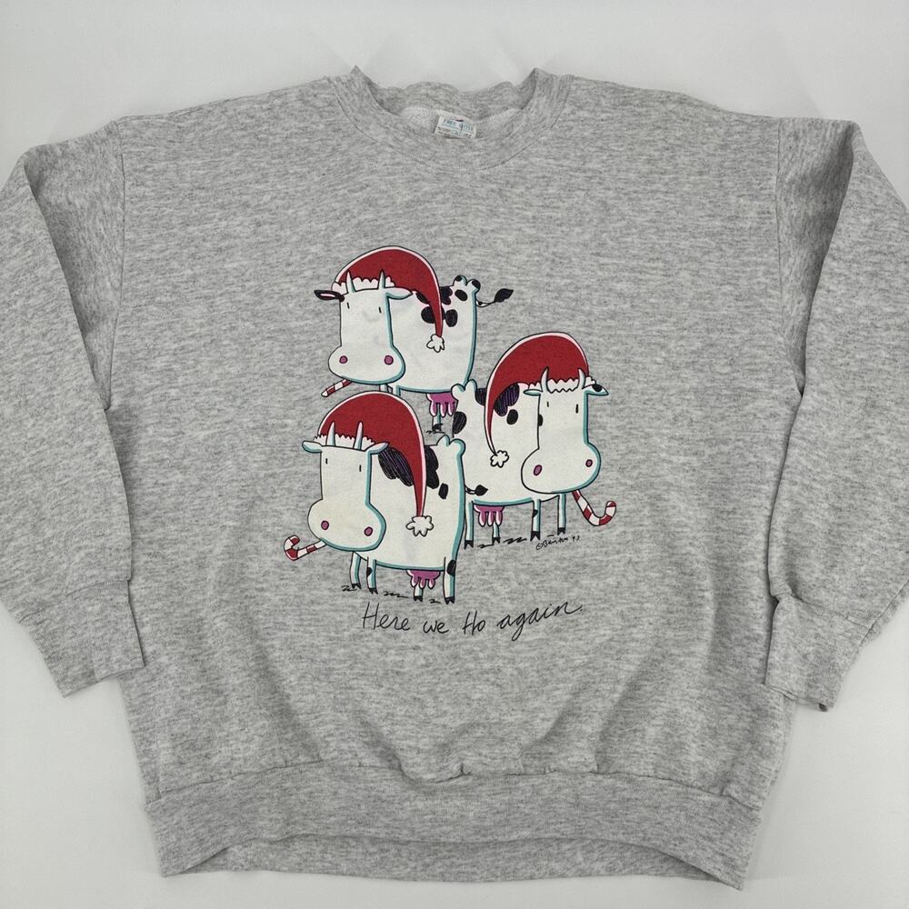 Vintage 90s Cow Sweatshirt Men XL Gray Pullover Christmas Free Style Bentum USA